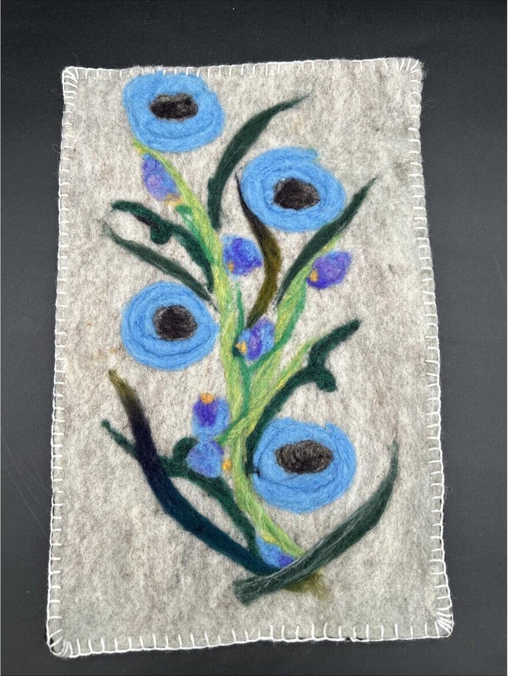 Felted Artwork Floral Wall Hanging, Felt Work Flowers Stunning 14.5” X 9.75”
